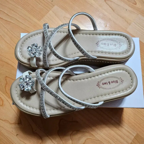 [BUNJANG] Women's Cubic Thong Wedge Sandals / 큐빅 엄지쪼리 샌들 여성 통굽 슬리퍼 235