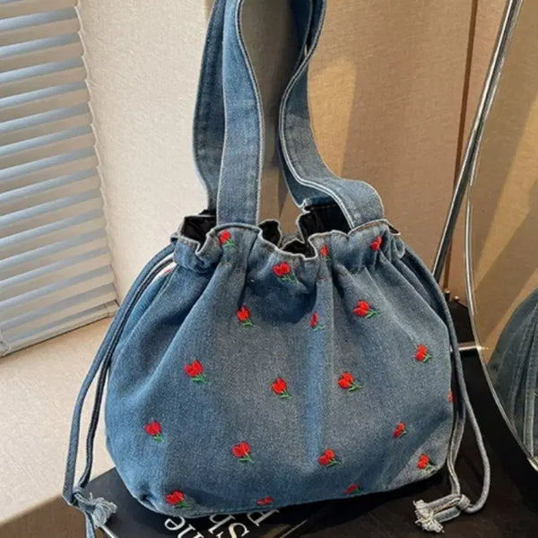 [BUNJANG] Denim Flower Embroidered Shoulder Bag / 데님 꽃 가방 숄더백