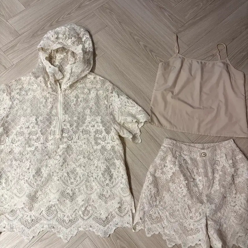 [BUNJANG] Imported Lace See-through Blouse, Camisole, and Pants Set - Vacation Look / 수입 레이스 시스루 블라우스 나시 팬츠 세트 휴가룩
