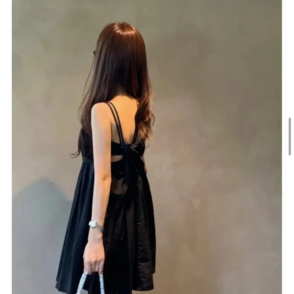 [BUNJANG] Juciy Back Ribbon Mini Dress Black / 쥬시 백리본 원피스 블랙