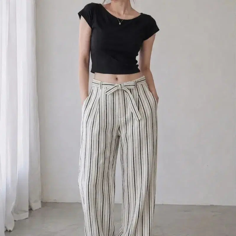 [BUNJANG] Comptoir des Cotonniers Linen Blend Stripe Wide Belted Pants / [정품] 꼼뜨와 데 코토니에 리넨 혼방 스트라이프 와이드 벨티드 팬츠