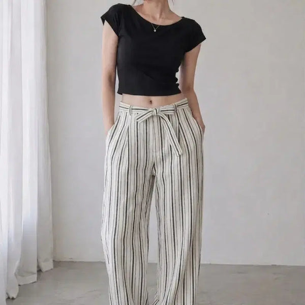 [BUNJANG] Comptoir des Cotonniers Linen Blend Stripe Wide Belted Pants / [정품] 꼼뜨와 데 코토니에 리넨 혼방 스트라이프 와이드 벨티드 팬츠
