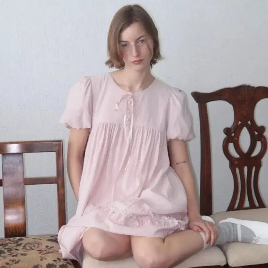 [BUNJANG] Sino Lace Puff Dress Pink / 시눈 레이스퍼프 원피스 핑크