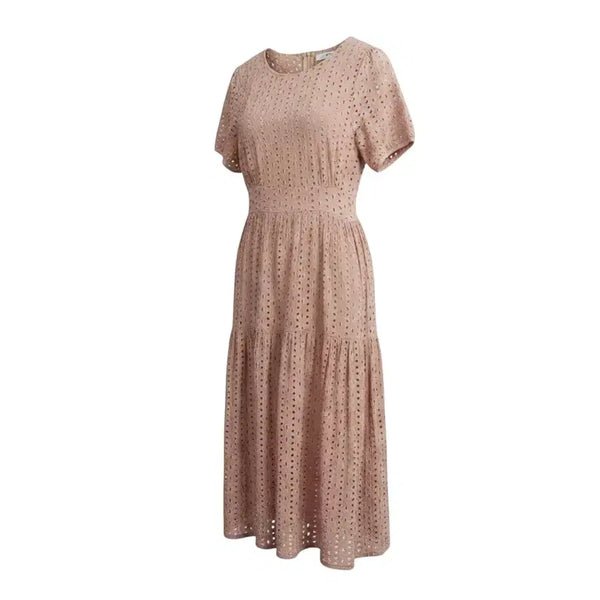 [BUNJANG] Women's Beige Perforated Short-Sleeve Long Dress / 여성S/ 베이지 펀칭 반팔 청순 롱원피스 A-9