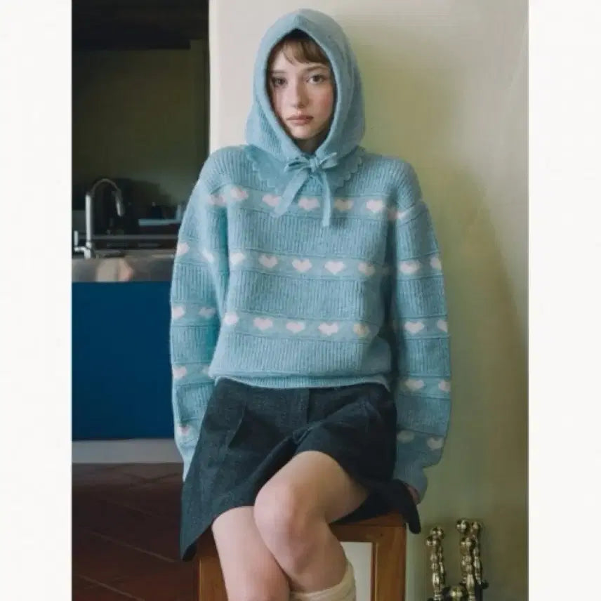 [BUNJANG] Olive des Olive Heart Knit Pullover - Sky Blue / 올리브데올리브 하트 니트 풀오버 하늘색상