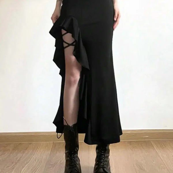 [BUNJANG] Goth Cross Frill Long Skirt / 보세 고스 크로스 프릴 롱스커트 양산형지뢰계서브컬쳐하라주쿠펑크빈티지