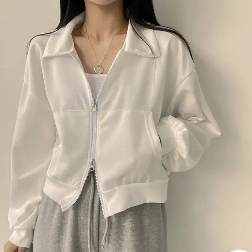 [BUNJANG] Avely White Two-Way Brushed Collar Zip-Up Top / 새상품 에이블리 화이트 투웨이 기모 카라집업