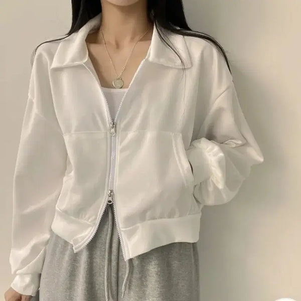 [BUNJANG] Avely White Two-Way Brushed Collar Zip-Up Top / 새상품 에이블리 화이트 투웨이 기모 카라집업