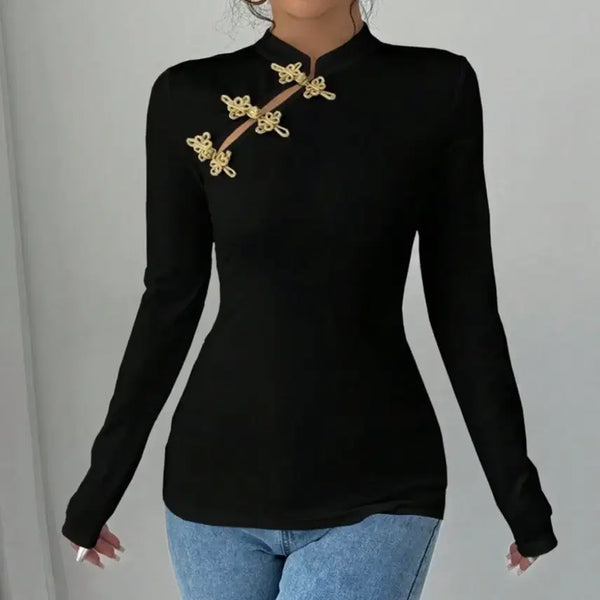 [BUNJANG] Chinese Style Qipao Button Long Sleeve T-Shirt / 보세 치파오 동방 버튼 긴팔 티셔츠 탑스 캐주얼빈티지슬림핏중국풍y2k