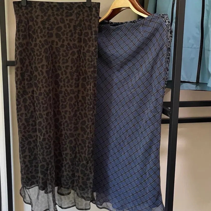 [BUNJANG] Leopard Print & Blue Check Pattern Maxi Skirt Set / 롱 스커트 레오파드 / 체크 롱치마