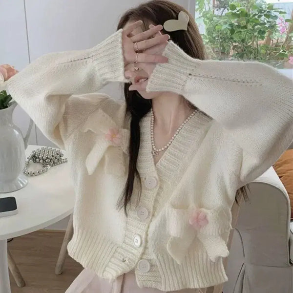 [BUNJANG] Ribbon Cropped Knit Cardigan - Ivory, Size M / 새상품 리본 아이보리 크롭 니트가디건 M사이즈 지뢰계