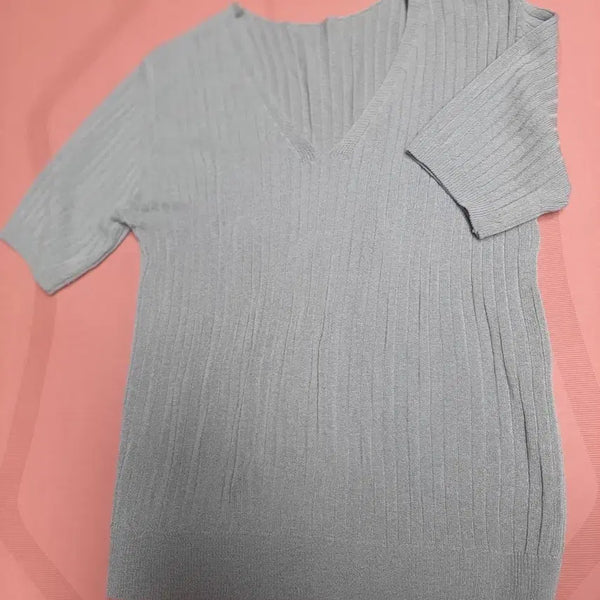 [BUNJANG] V-Neck Summer Knit Short Sleeve T-Shirt / 브이넥 여름 니트 반팔 티