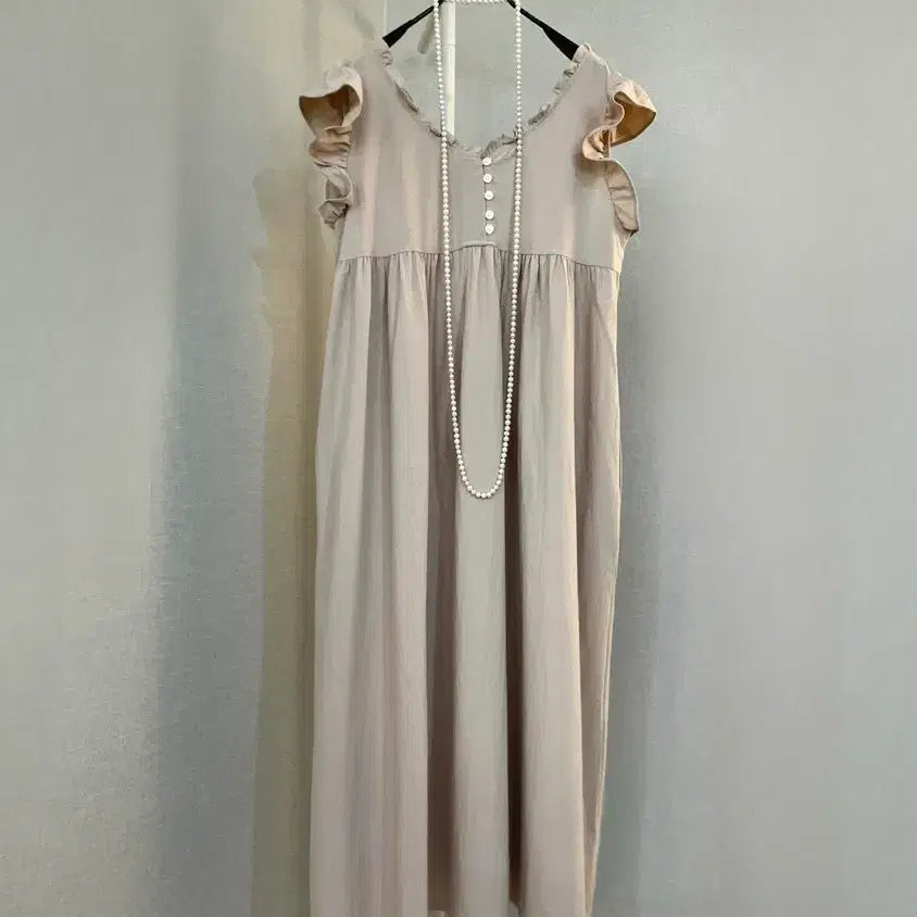 [BUNJANG] Maxi Linen Blend Shirring Frill Vacation Dress / 롱나시 면린넨 맥시베이지 셔링프릴바캉스 원피스