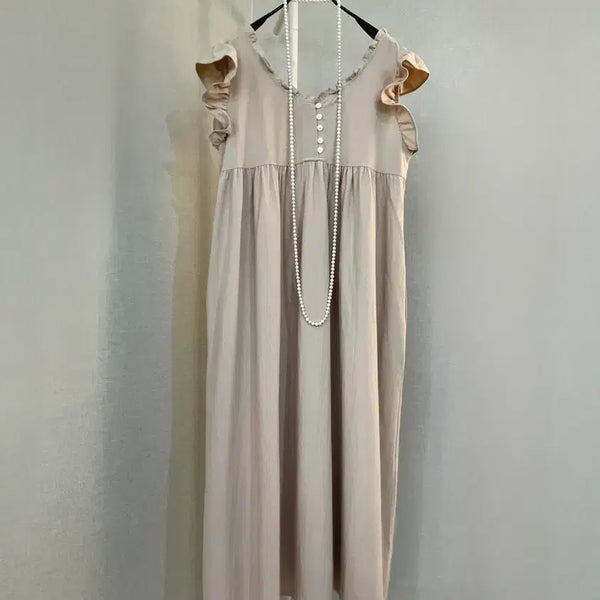 [BUNJANG] Maxi Linen Blend Shirring Frill Vacation Dress / 롱나시 면린넨 맥시베이지 셔링프릴바캉스 원피스