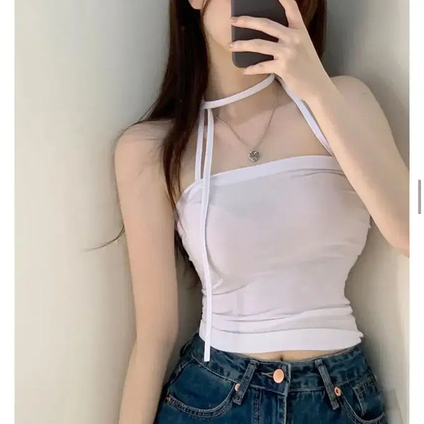 [BUNJANG] Ribbon Strap Sleeveless Top Beige / 끈 스트랩 리본 나시 베이지
