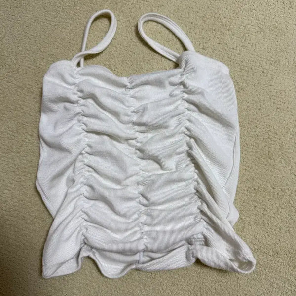 [BUNJANG] White Shirring Sleeveless T-shirt / 화이트 셔링 민소매