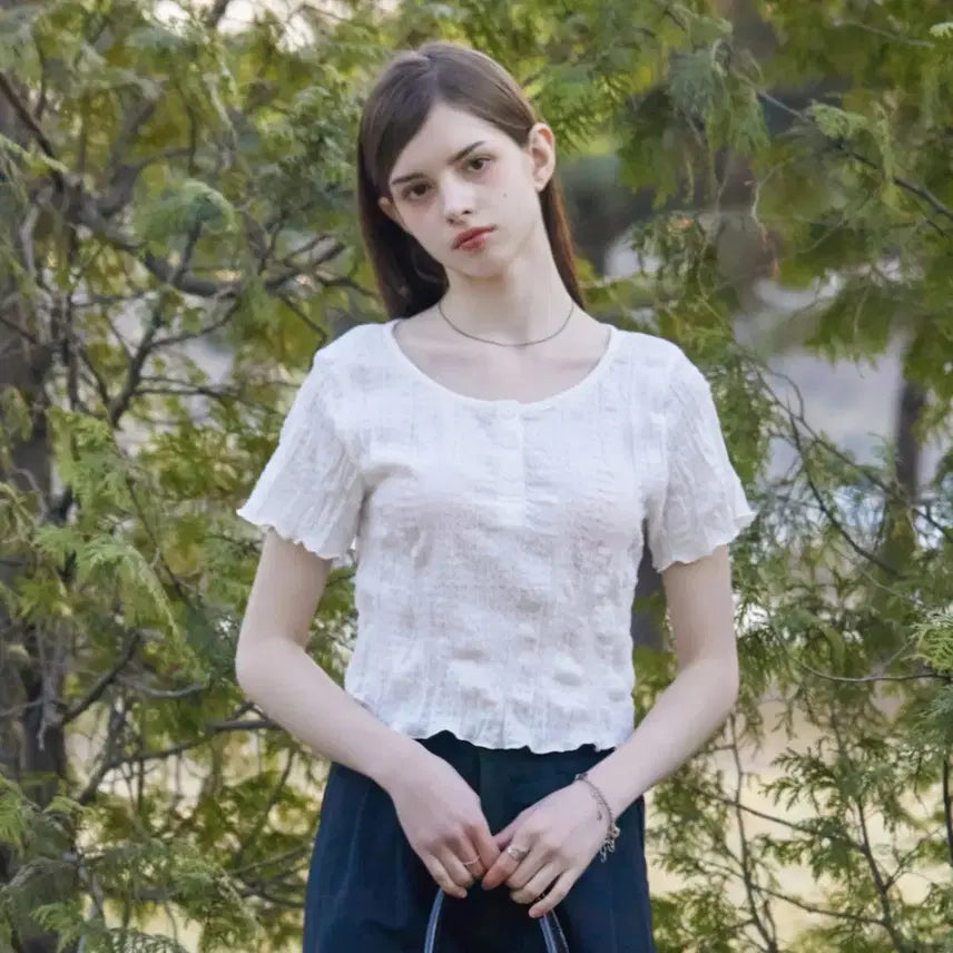 [BUNJANG] Cholit Cropped Button Wrinkle Blouse T-shirt / [새상품] 콜릿 크롭 버튼 링클 블라우스 티(정가3.4)