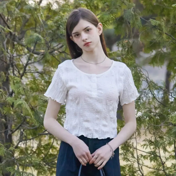[BUNJANG] Cholit Cropped Button Wrinkle Blouse T-shirt / [새상품] 콜릿 크롭 버튼 링클 블라우스 티(정가3.4)