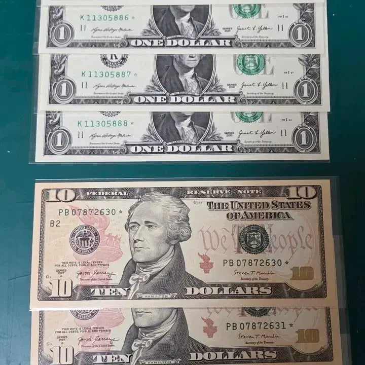 [BUNJANG] US Star Notes - 4 Consecutive $1 Bills / 3 Consecutive $10 Bills / 미국 스타노트 1달러 4연번/ 10달러 3연번