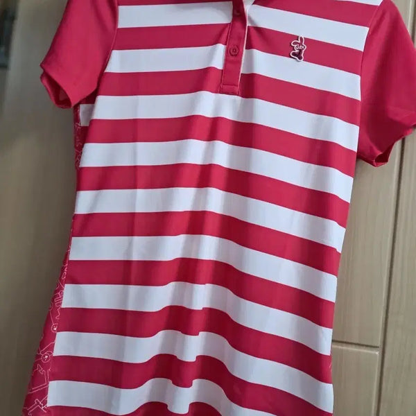 [BUNJANG] Pinker Bell Women's Golf Wear Striped Short Sleeve Polo Shirt / 여성 골프웨어 단가라 반팔 카라티 핑크