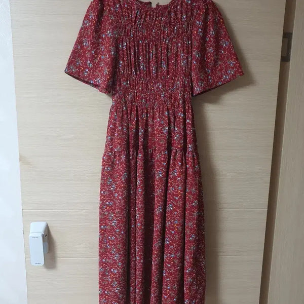 [BUNJANG] Chiffon Floral Shirring Long Dress / 쉬폰 꽃무늬 셔링 원피스