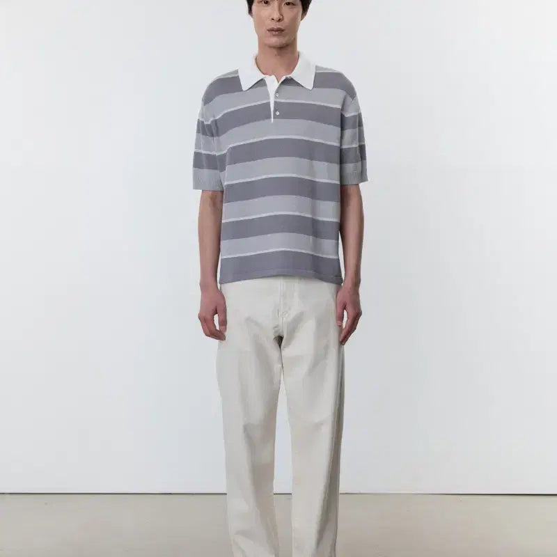 [BUNJANG] Pottery Short Sleeve Rugby Polo Knit Light Grey Size 3 / 포터리 반팔 럭비 폴로 니트 라이트 그레이 3사이즈