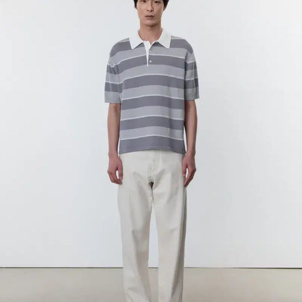 [BUNJANG] Pottery Short Sleeve Rugby Polo Knit Light Grey Size 3 / 포터리 반팔 럭비 폴로 니트 라이트 그레이 3사이즈