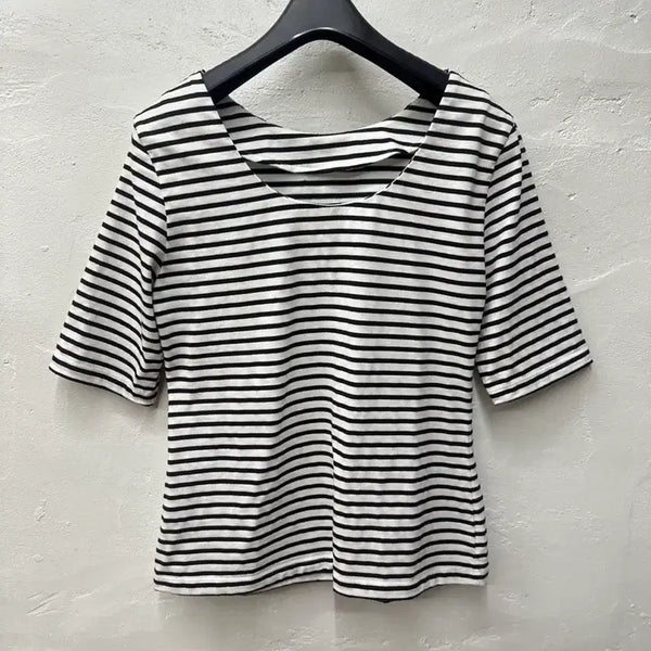 [BUNJANG] Thom GreyHound Women's Black Stripe Short Sleeve T-Shirt - Size M / 톰그레이하운드 여 티셔츠 블랙스트라잎/반팔 M
