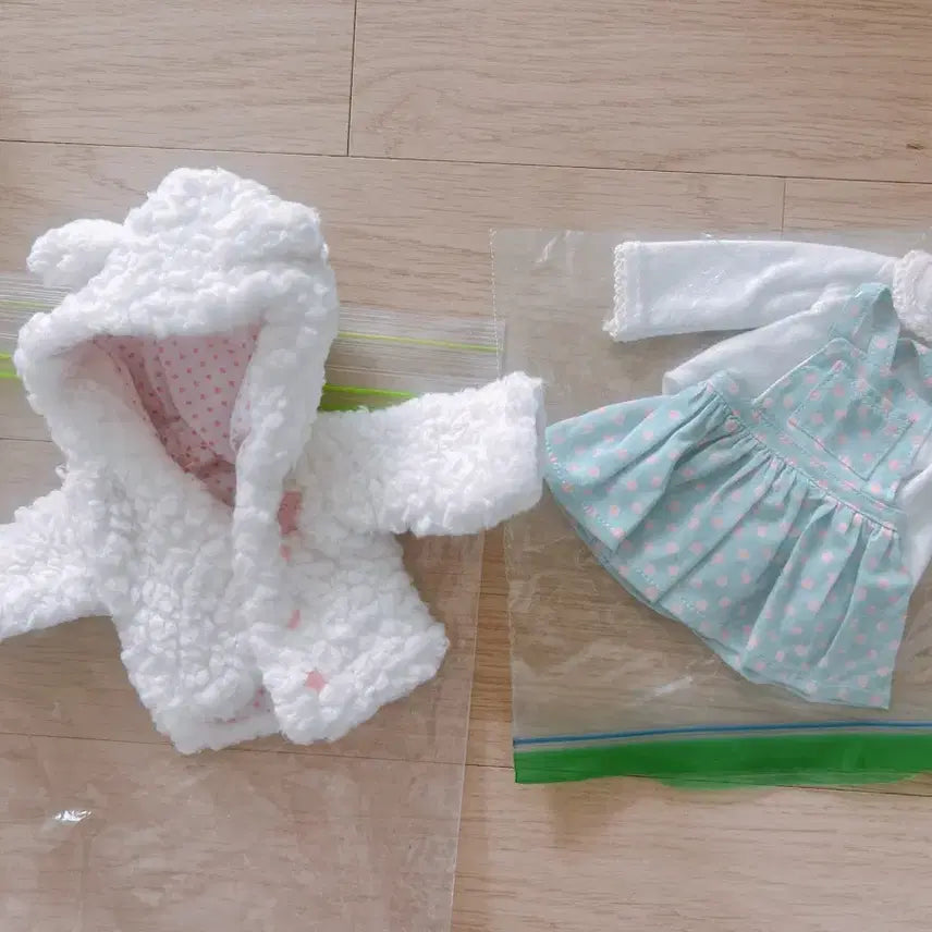 [BUNJANG] Jelly Piko Bear Hoodie Coat & Mint Dot Dress Set / usd 젤리피코 곰돌이 후드 코트 / 민트 도트 원피스 세트