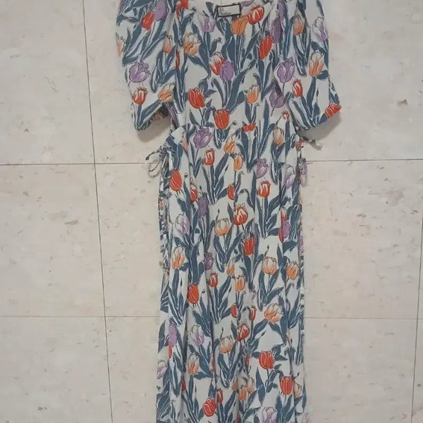 [BUNJANG] Tulip Pattern Short Sleeve Long Dress / 튤립 패턴 반팔 롱 원피스