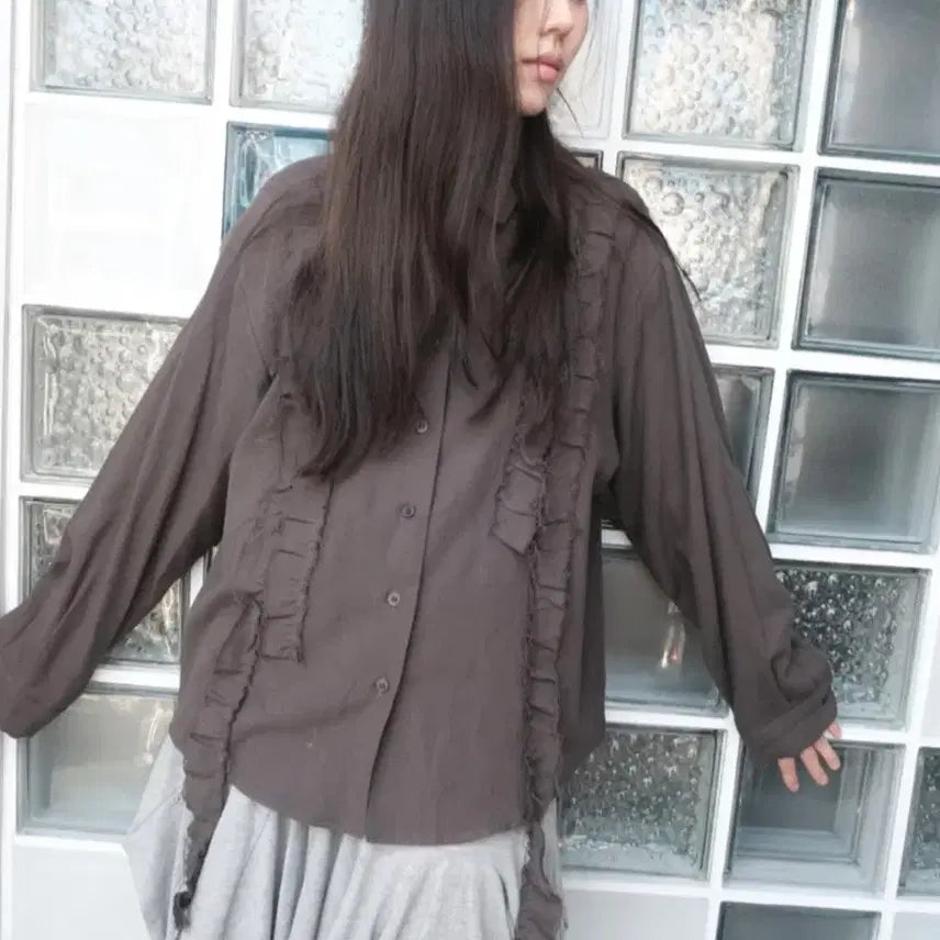 [BUNJANG] Coolhag Rough Frill Cotton Shirt Charcoal / 콜하그 러프 프릴 코튼 셔츠 차콜