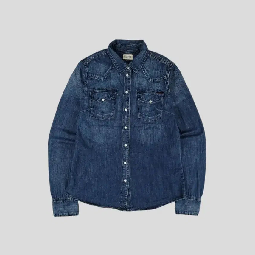 [BUNJANG] Tommy Hilfiger Denim Slim Fit Western Denim Shirt / 타미힐피거 힐피거데님 진청워싱 더블포켓 스냅버튼 슬림핏 웨스턴 청 데님