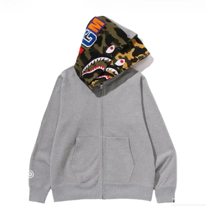 [BUNJANG] Bape Shark Full Zip Double Hoodie Grey / 급처 거의새거)베이프 샤크 풀집 더블 후드 그레이