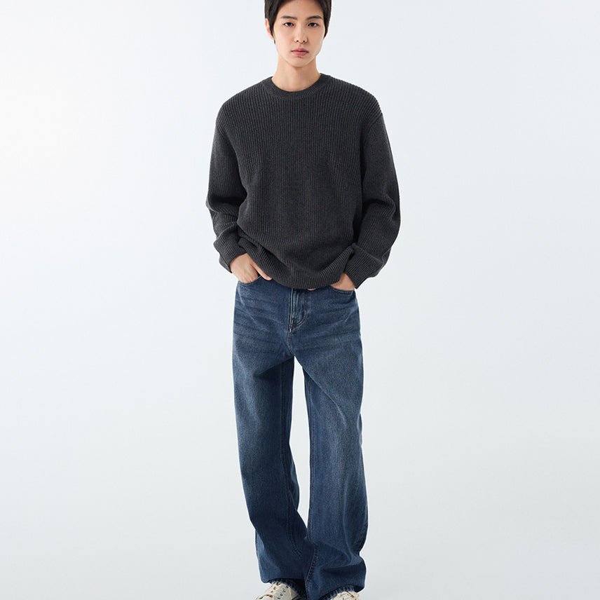 [BUNJANG] Standard Cotton Ribbed Crew Neck Knit [Medium Grey] / XL) 무탠다드 코튼 리브드 크루 넥 니트 [미디엄 그레이] 판매