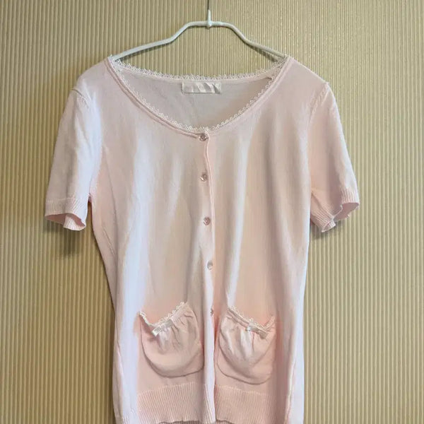 [BUNJANG] Lovely Light Pink Short Sleeve Knit Cardigan / 러블리 연핑크 반팔 니트 가디건