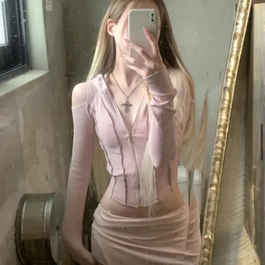 [BUNJANG] SZEN Pink Cut-Out Hoodie Zip-Up & Mini Skirt Set / szen 핑크색 컷아웃 후드 집업 미니스커트 세트