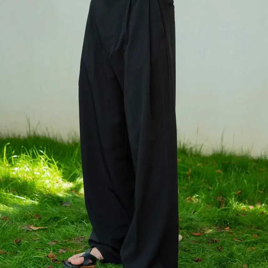 [BUNJANG] Signature Double-Tuck Wide Slacks - Black (Size S) / 시그니처 더블턱 와이드 슬랙스 S 블랙
