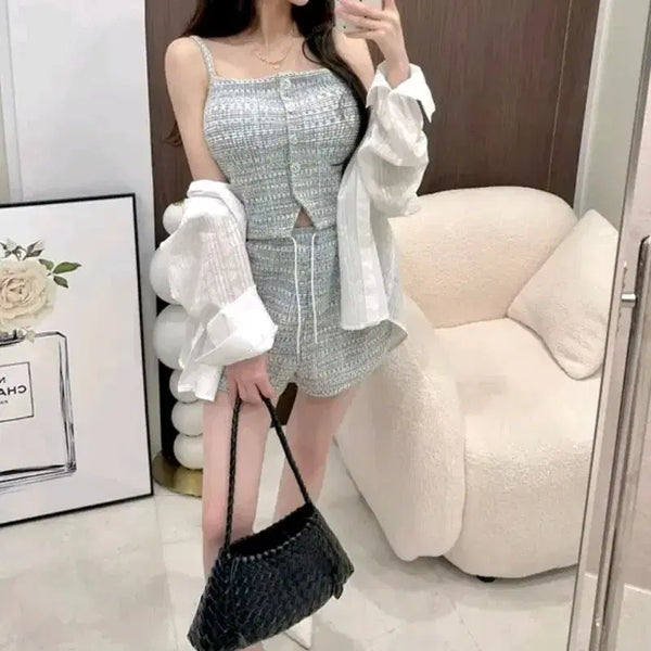 [BUNJANG] Premium Tweed Sleeveless Shorts Set / 프리미엄 트위드 반바지 나시 세트 밴딩 숏팬츠