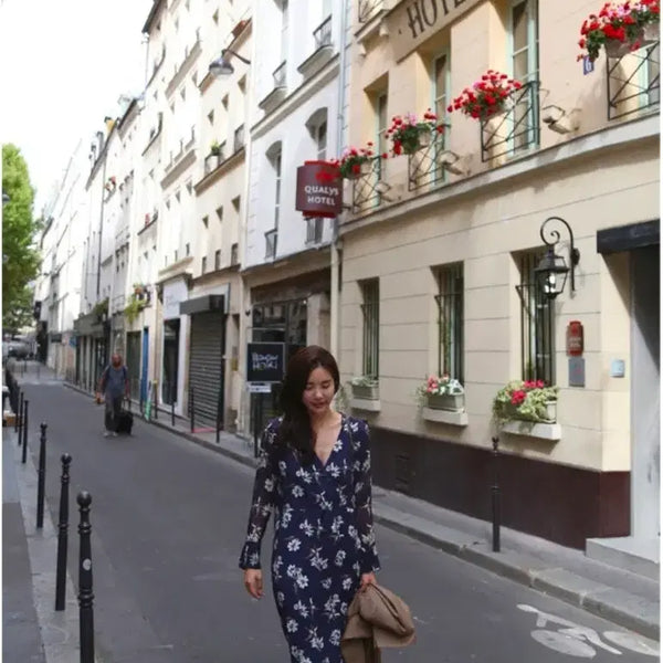 [BUNJANG] Frost.J Jane Flower Wrap Dress Navy / 프로스트제이 제인 플라워 원피스 네이비