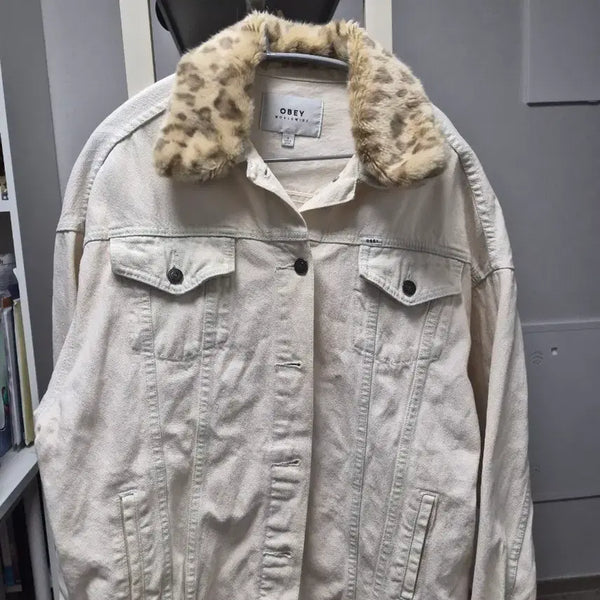 [BUNJANG] OBEY Leopard Fur Collar Denim Jacket Cream S / 오베이 레오파드 퍼 카라 데님 자켓 크림색 S