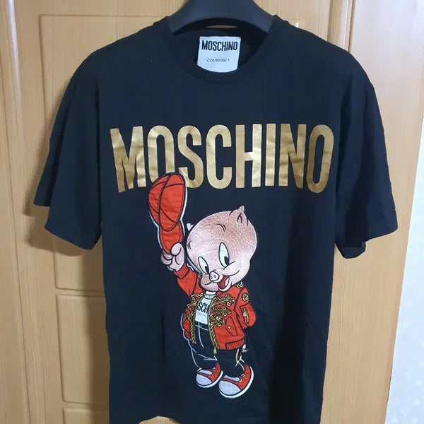 [BUNJANG] Moschino x Looney Tunes Black Cotton Short Sleeve T-Shirt with Pig Graphic / 모스키노 반팔 탑