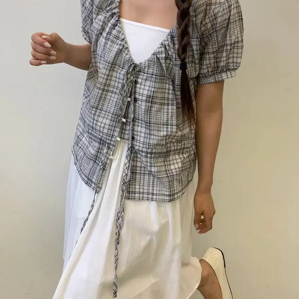 [BUNJANG] Wholesale Gallery Check Shirring Blouse / 도매 갤러리 체크셔링블라우스