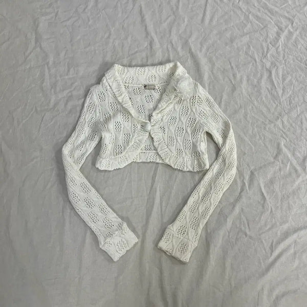 [BUNJANG] Classic Liz Lisa Cropped Knit Bolero Cardigan / 고전 리즈리사 크롭 니트 볼레로 원버튼 펀칭 가디건 아이보리