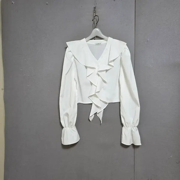 [BUNJANG] White V-Neck Ruffle Cropped Blouse / 흰색 브이넥 프릴 짧은 블라우스  F   n6456