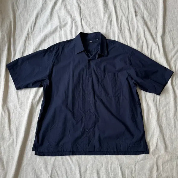 [BUNJANG] Uniqlo C Linen Blend Navy Short Sleeve Shirt L / 유니클로 C 바스락 네이비 반팔 셔츠 L