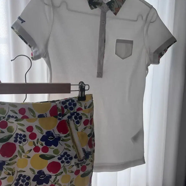 [BUNJANG] Louis Castel Women's Golf Wear Set - White Top (Size 90) & Patterned Skirt (Size 64) / 루이까스텔 여성 골프웨어 상하의 세트 (상의 90, 하의 64) 55