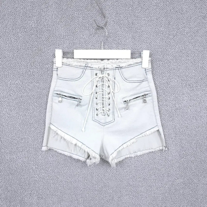 [BUNJANG] Women's Corset Denim Hot Pants / 여성 코르셋 데님 연청 워싱 스트링 태슬 스판 핫팬츠 반바지 44-55