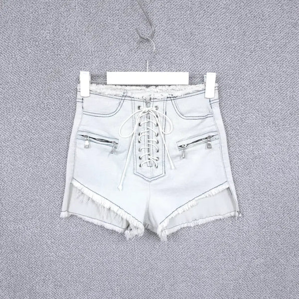 [BUNJANG] Women's Corset Denim Hot Pants / 여성 코르셋 데님 연청 워싱 스트링 태슬 스판 핫팬츠 반바지 44-55