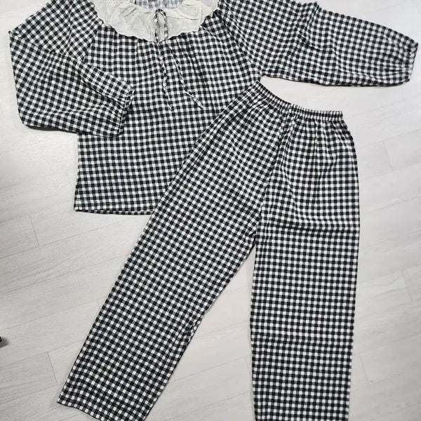 [BUNJANG] Women's Check Lace Pajama Set (S/55) / 새상품 여성 홈웨어 체크 레이스 파자마 상하 세트 S(55) 간절기
