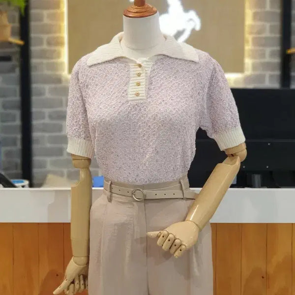 [BUNJANG] Color-Block Collar Short Sleeve Knit (Lavender) / 배색 카라 반팔 글리터 연보라 니트